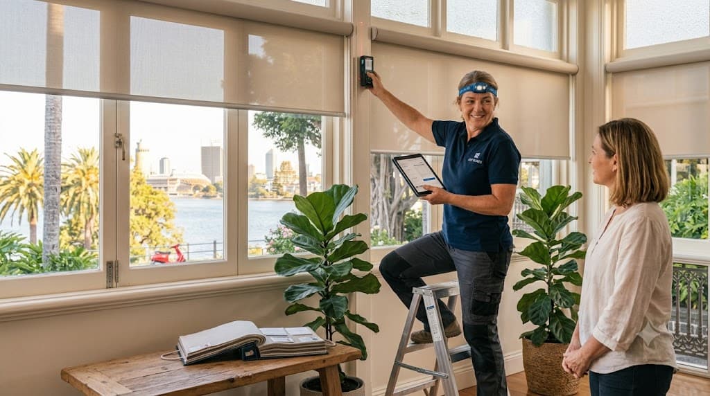 A professional blind installer conducting an in-home consultation