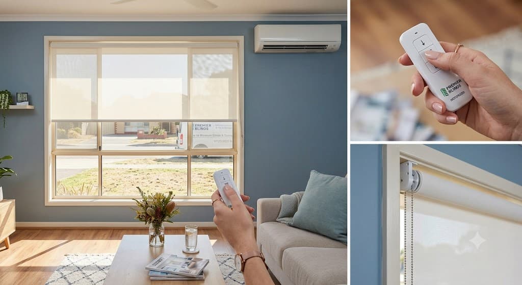 A hand using a smartphone to control motorised blinds in a modern living room