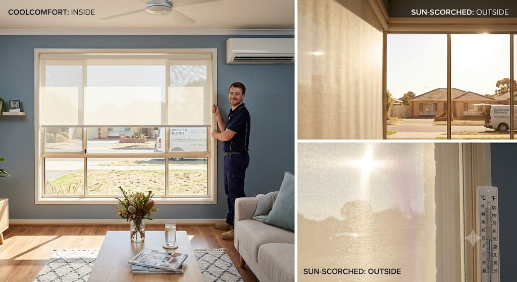 Sunlight filtered through honeycomb blinds in a bright Australian living room