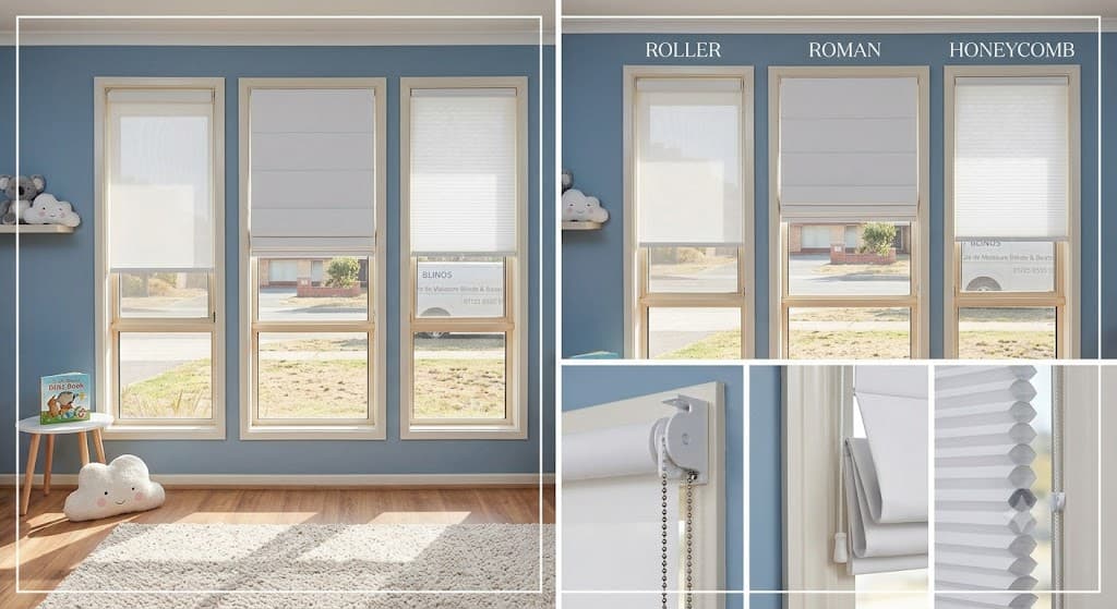 Three different blind styles — roller, roman, and honeycomb — side by side in a display