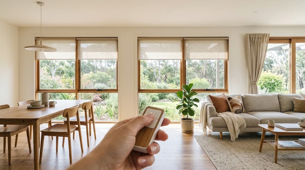 Beautiful motorised blinds in a modern Australian home with natural light