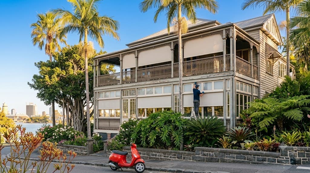 Brisbane riverside suburb with Queenslander homes and tropical gardens