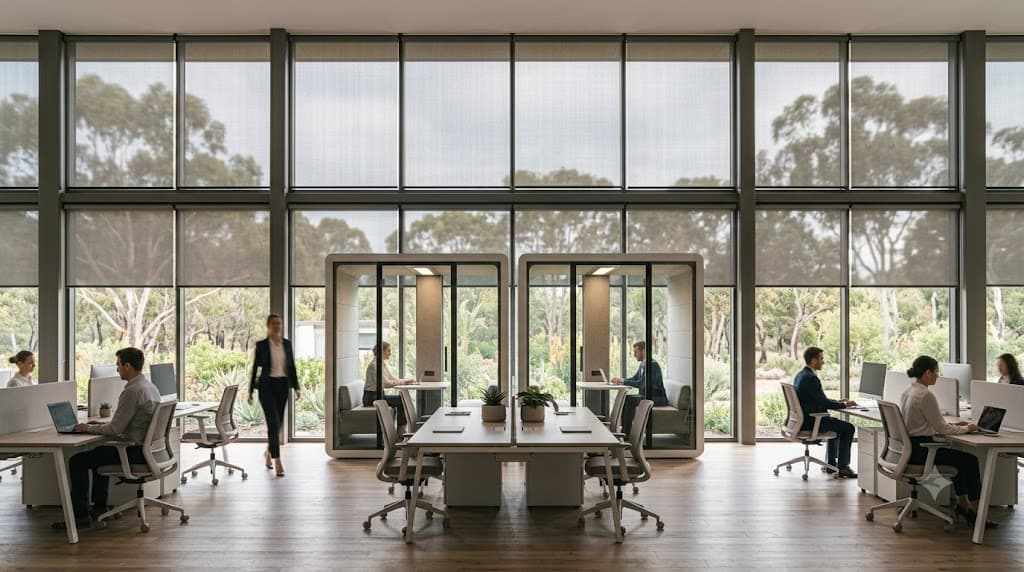Commercial roller blinds reducing glare on computer screens in a modern office