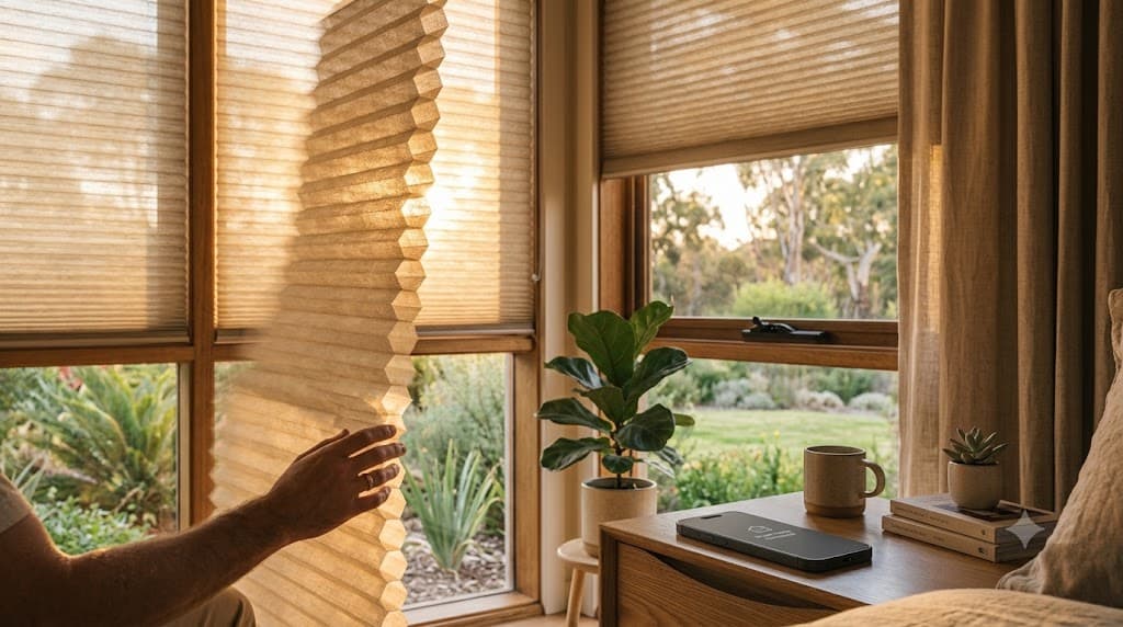 Honeycomb cellular blinds filtering warm morning light in an Australian home