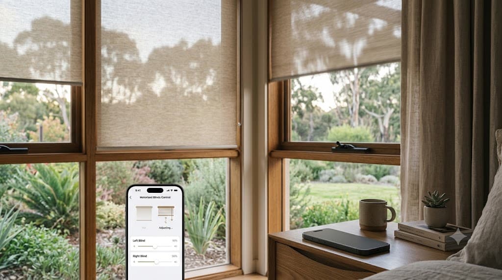Motorised blinds controlled by a smartphone app in a modern Australian living room