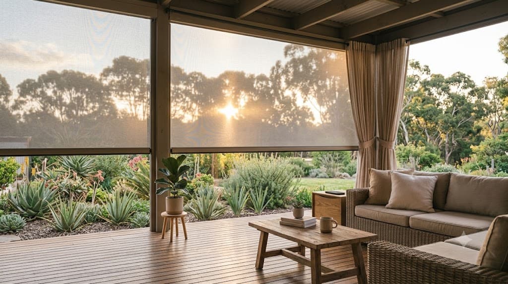 Outdoor zip-track blinds on an Australian alfresco entertaining area
