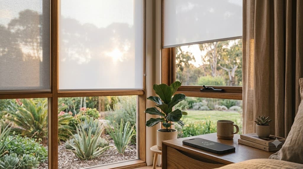 Modern white roller blinds in a bright Australian living room
